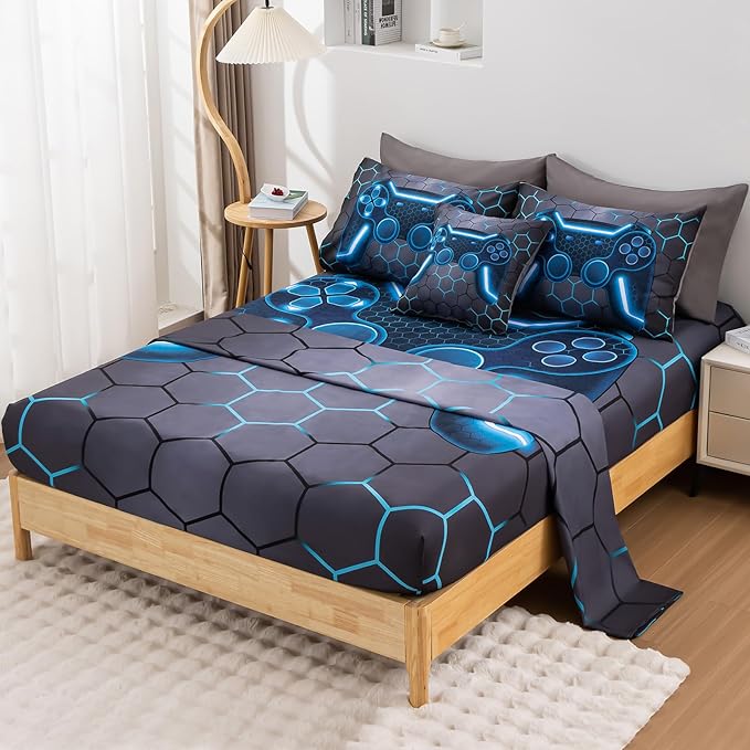 8Pcs Game Console Comforter Set with Sheets for Boys Girls Kids Teens, Geometric Gaming Themed Bed in A Bag Full Size, Blue 3D Video Gamer Controller Bedroom Decor Bedding Set-Blue - LeafyLoom