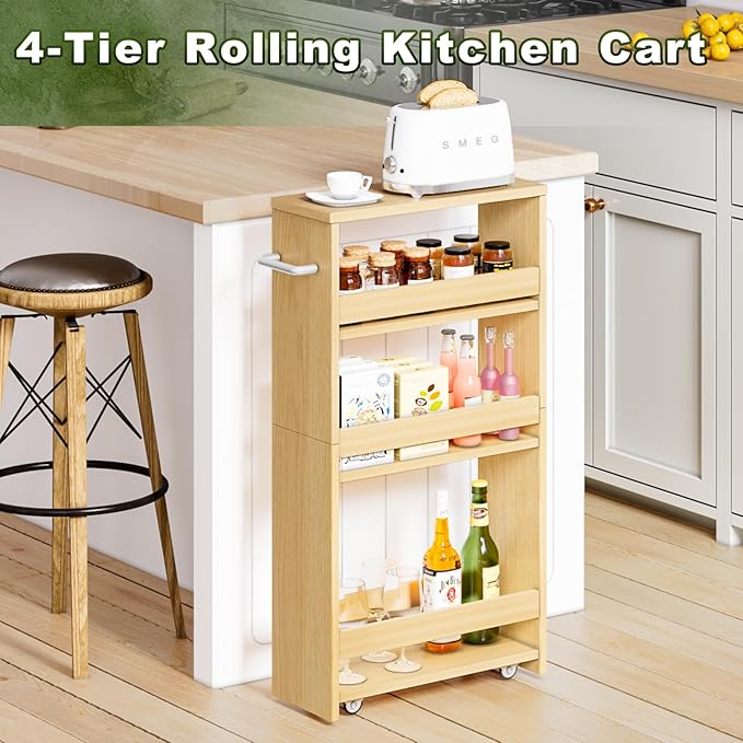 MARTY 4-Tier Rolling Storage Cart, Narrow Kitchen Cart with Wheels, Slim Storage Cart with Handle Slide Out Utility Cart Mobile Shelving Unit Laundry Bathroom Organizer (Maple) - LeafyLoom