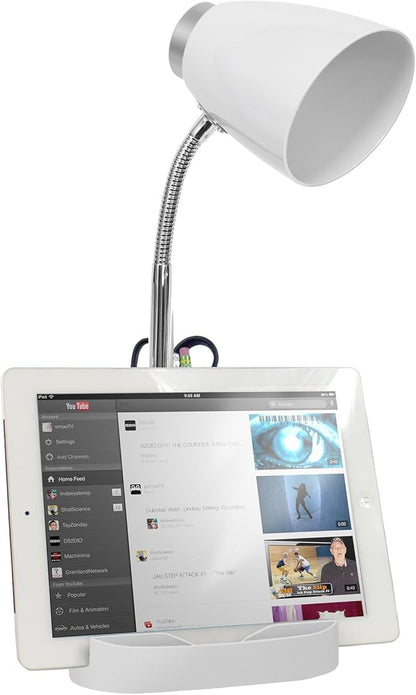 Simple Designs LD1002-WHT Gooseneck Organizer Desk Lamp with iPad Tablet Stand Book Holder, White - LeafyLoom