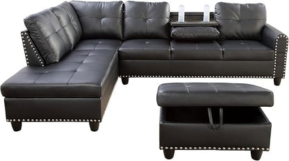 Set L-Shaped Sectional Sofa with 2 Cup Holders,Deep Seat Sleeper Sofá w/Reversible Wide Chaise, Corner Couch with Armrests and Movable Storage Ottoman for Living Room, 1, 1-1PU Black - LeafyLoom