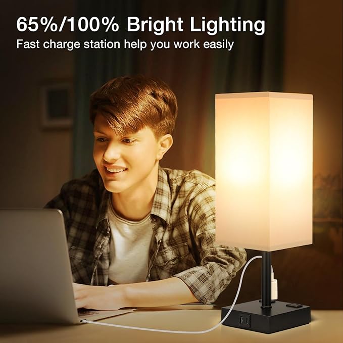 aooshine Black Base Gray Shade Set of 2 Touch Lamp with USB Port-Nightstand Lamp with USB-C+A Charge Ports& AC Outlets, 3-Way Dimmable Bedside Lamp, Small Table Lamp for Bedroom (Bulbs Included) - LeafyLoom