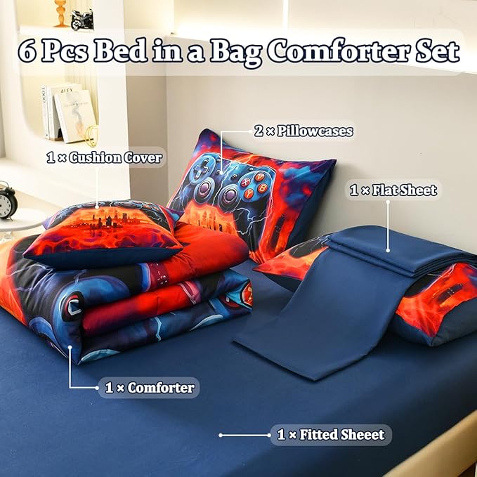 Game Console Twin Comforter Set with Sheets, Microfiber 6 Pcs Bed in A Bag Twin Size Gamer Bedding Set for Boys Kids Teens - LeafyLoom