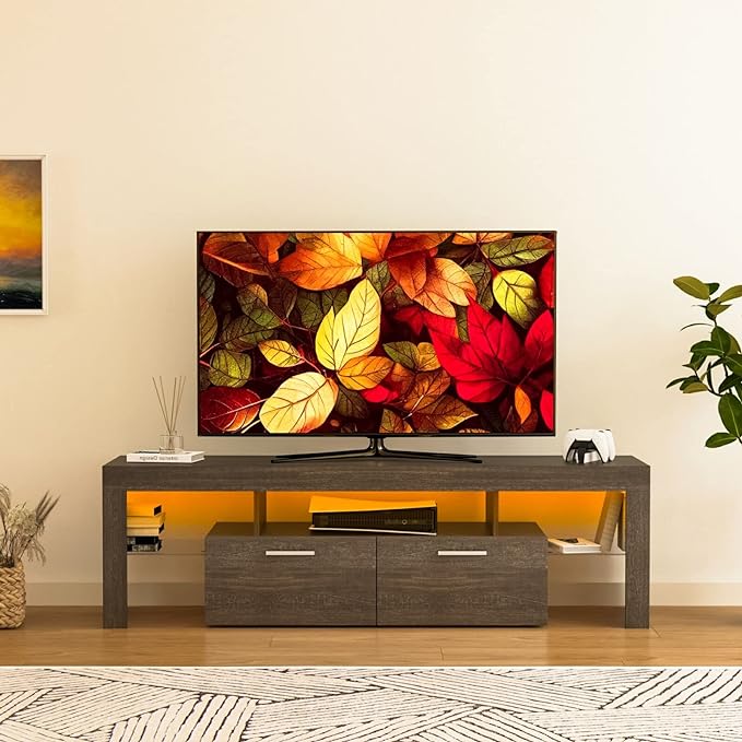 Mid Century Modern TV Stand for 40 50 55 60 65 70 Inch TV, Brown LED TV Stand with Storage Cabinet, Wood Media TV Console, TV Entertainment Center for Living Room Bedroom - LeafyLoom