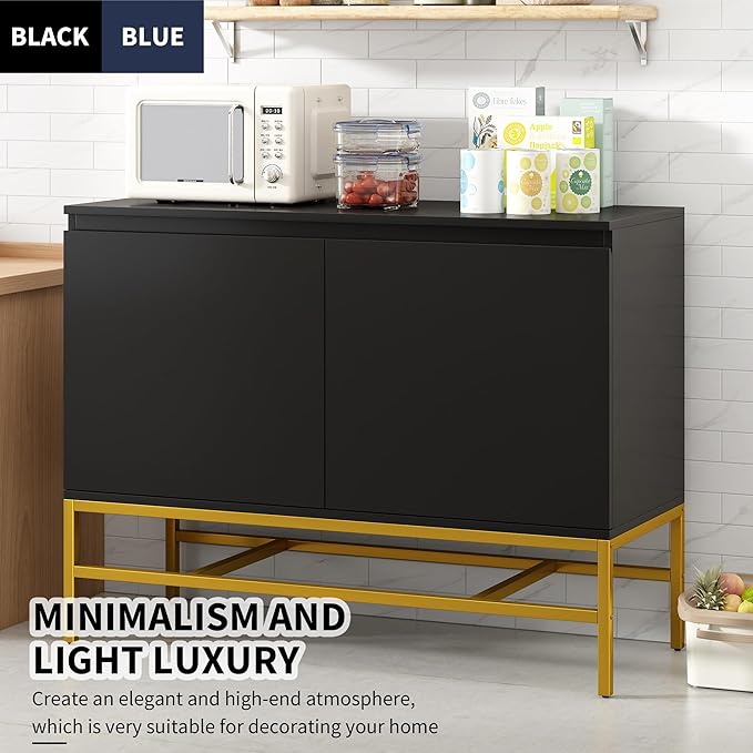 39.4" Minimalist & Luxury Two Door Sideboard with Gold Metal Legs,Freestandin Storage Buffet Cabinet,w/Adjustable Shelves,for Living, Dining Room,Entrance Passage,Black - LeafyLoom