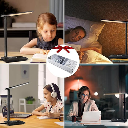 Desk Lamp with Wireless Charger, USB Charging Port, Dimmable Office Desk Light with Clock, Alarm, Date, Temperature, Foldable Lamp for Table Bedroom Bedside Office (Black Pro) - LeafyLoom