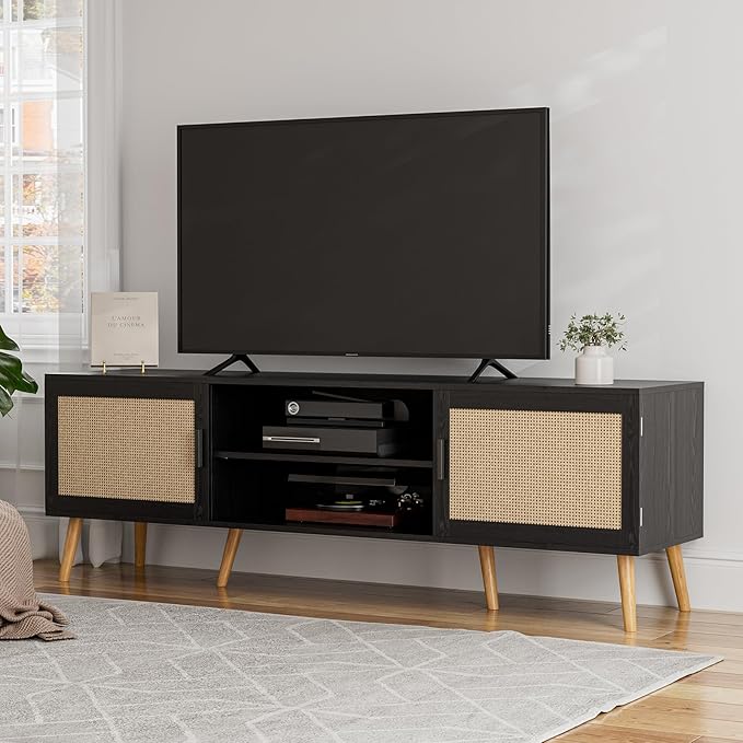 TV Stand for TVs up to 65'', Entertainment Center with Rattan Door, Shelves & 2 Cabinets, Boho Media TV Console for Living Room, Bedroom, Black - LeafyLoom