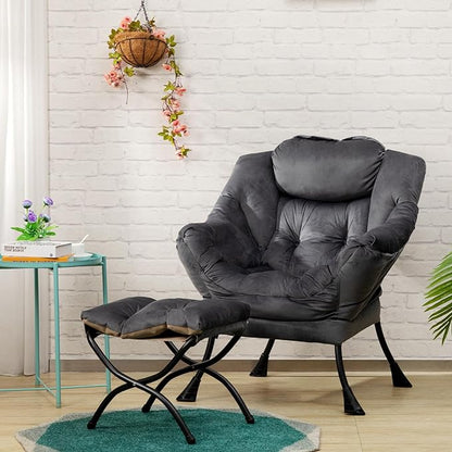 AcozyHom Fabric Lazy Chair with Foldable Ottoman, Accent Comfy Lounge Arm Chair and Folding Footrest Stool Set, Leisure Sofa Reading Chair and Footstool for Living Room, Bedroom, Dorm, Smoky Grey - LeafyLoom