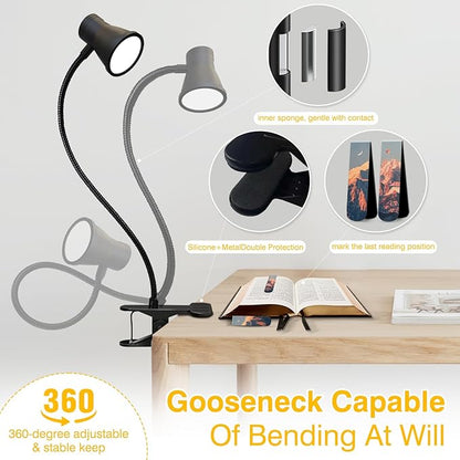 Clip on Light Reading for Bed LED Desk Lights 3 Color Modes 10 Brightness USB Lamp Eye Care 360° Flexible Gooseneck Dimmable for Headboard Computer Read Books Task Lamps with Adapter Bookmark(Black) - LeafyLoom