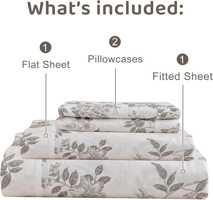 QSH Floral Egyptian Cotton Sheets King Size - Green Botanical Bedding Sheets Flower Pattern Printed Bedding King Size Bed Sheets 17.5" Extra Deep Pocket 4pcs - LeafyLoom