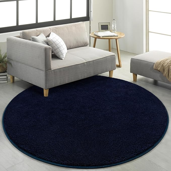 Round Area Rugs for Bedroom Living Room, 4x4 Navy Blue Super Soft Comfy Thickened Memory-Foam Indoor Circle Carpets, Modern Aesthetic Minimalist Carpet for Boys Girls Adults Nursery Home Décor - LeafyLoom