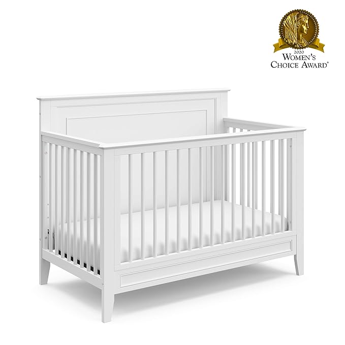 Storkcraft Solstice 5-In-1 Convertible Crib (White) – GREENGUARD Gold Certified, Converts to Toddler Bed and Full-Size Bed, Fits Standard Full-Size Crib Mattress, Adjustable Mattress Support Base - LeafyLoom