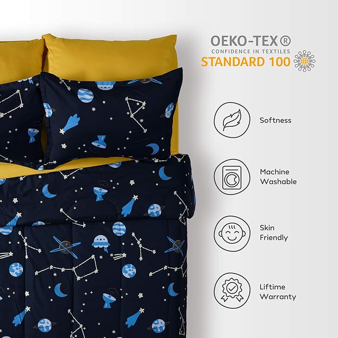 SLEEP ZONE Kids Twin Bedding Comforter Set - Super Cute & Soft Kids Bedding 5 Pieces Set with Comforter, Sheet, Pillowcase & Sham (Navy Galaxy) - LeafyLoom