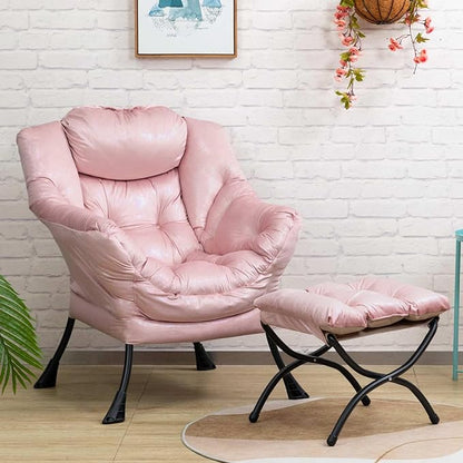 HollyHOME Fabric Lazy Chair with Foldable Ottoman, Accent Comfy Lounge Arm Chair and Folding Footrest Stool Set, Leisure Sofa Reading Chair and Footstool for Living Room, Bedroom, Dorm, Laser Pink - LeafyLoom