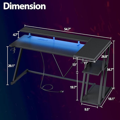 Computer Gaming Desk with Power Outlet & LED Lights, 55 Inch L Shaped Gamer Table with Storage Shelves for Bedroom, Reversible Corner Home Office Desk, Carbon Fiber Black - LeafyLoom