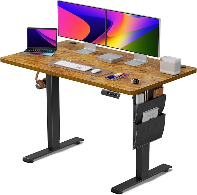 Standing Desk Adjustable Height, Electric Standing Desk with Starage Bag, Stand up Desk for Home Office Computer Desk Memory Preset with Headphone Hook, 48x24 Inch, Rustic - LeafyLoom