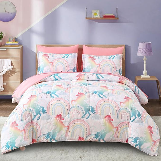 Queen Comforter Set for Girls, 7 Pieces Bed in a Bag, Colorful Unicorn Bedding Comforter Sheet Set, Ultra Soft and Fluffly, Pink & Rainbow Color, Colorful Bed in a Bag for Girls - LeafyLoom