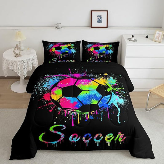 Feelyou Kids Soccer Ball Game Comforter Set King Size Football Bedding Set for Boys Girls Teens Bedroom Decor Rugby Sports Comforter American Football Player Duvet Set with 2 Pillow Case - LeafyLoom