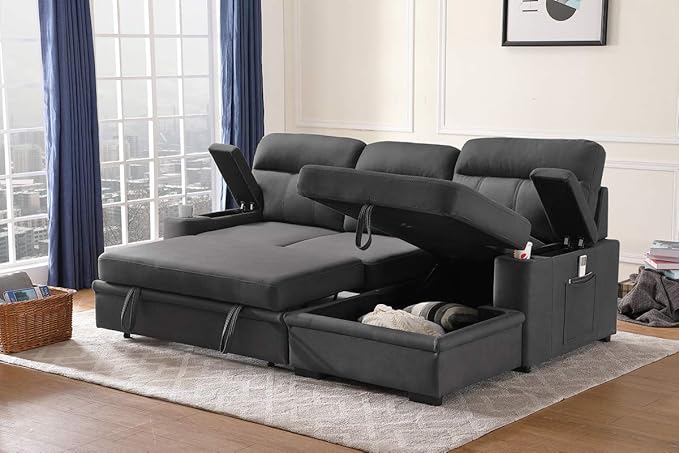 RITSU L-Shaped Reversible Sectional Sofa, Armrests with Storage Space and Cup Holders, Pull Out Couch Bed, Microfiber Upholstered Backrest, Suitable for Living Room/Apartment, Gray, 94inch - LeafyLoom