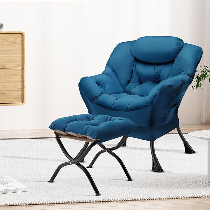 Lazy Chair with Folding Ottoman Modern Large Accent Chair,Contemporary Lounge Leisure Sofa Chair with Armrests Upholstered Sofa Armchair Reading Chair for Bedroom,Dorm & Office,Blue - LeafyLoom