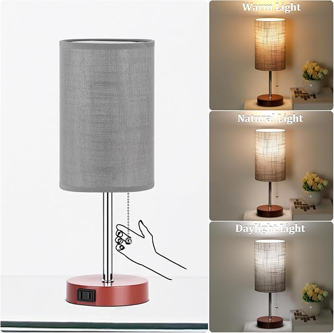 Dott Arts Table Lamp for Bedroom, 3-Color Bedside Lamps with Pull Chain, Bedroom Table Lamps for Nightstand,Small Lamp for Living Room, Bulb Included Grey Striped … - LeafyLoom