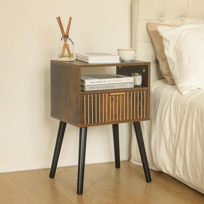 MaxSmeo Small Nightstand Wood Bedside Table with Drawer, Modern End Table for Bedroom and Small Spaces, Solid Wood Legs, Easy Assembly, Rustic Brown and Black - LeafyLoom