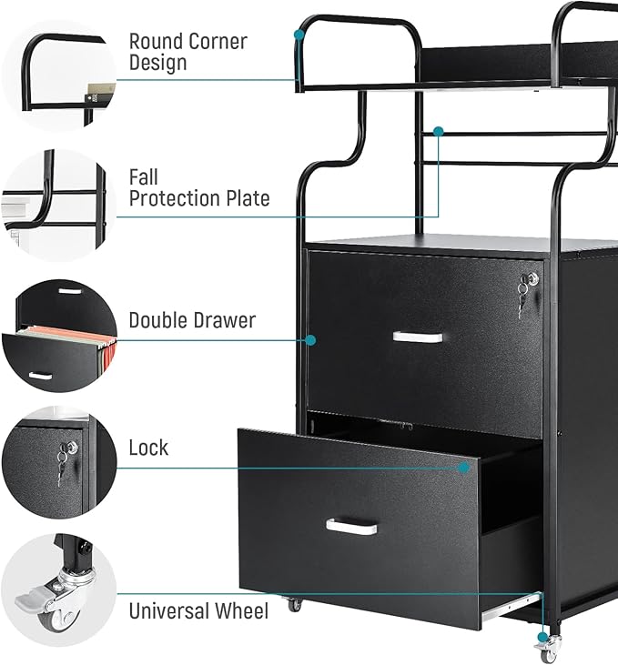 Vertical File Cabinet, 2 Drawer Mobile Filing Cabinet with 1 Bookshelf, Printer Stand with Open Storage Shelves Fits A4/Letter/Legal Size File Cabinets for Home Office Organizer, Black - LeafyLoom