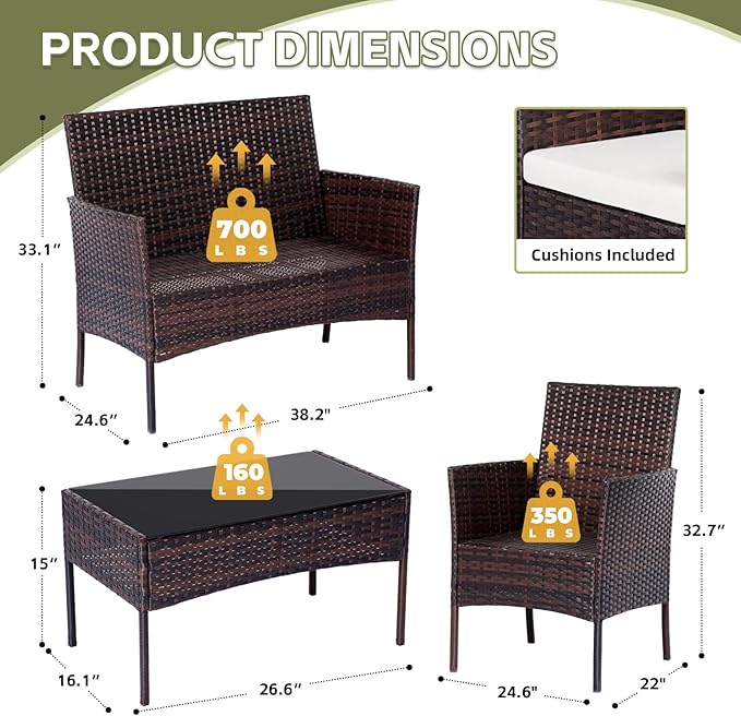 Patio Furniture Set,4 Piece Garden Conversation Set, Outdoor Wicker Rattan Table and Chairs, Black Patio Set, Sectional Sofa with Thick Cushion for Garden, Yard, or Porch (Brown/Beige) - LeafyLoom