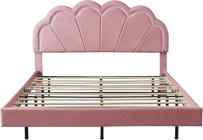 Queen Upholstered Smart LED Bed Frame with Elegant Flowers Headboard, Floating Velvet Platform LED Bed with Wooden Slats Support, No Box Spring Needed, Easy Assembly, Pink - LeafyLoom