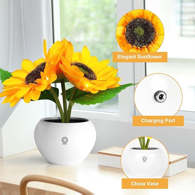 Rechargeable Sunflower Table Lamp - LED Artificial Flowers Desktop Lamp Night Light with Porcelain Vase, Cordless Touch Lamp for Bedroom Living Room Desk Decor, Birthday Gift for Her Girl Mom - LeafyLoom