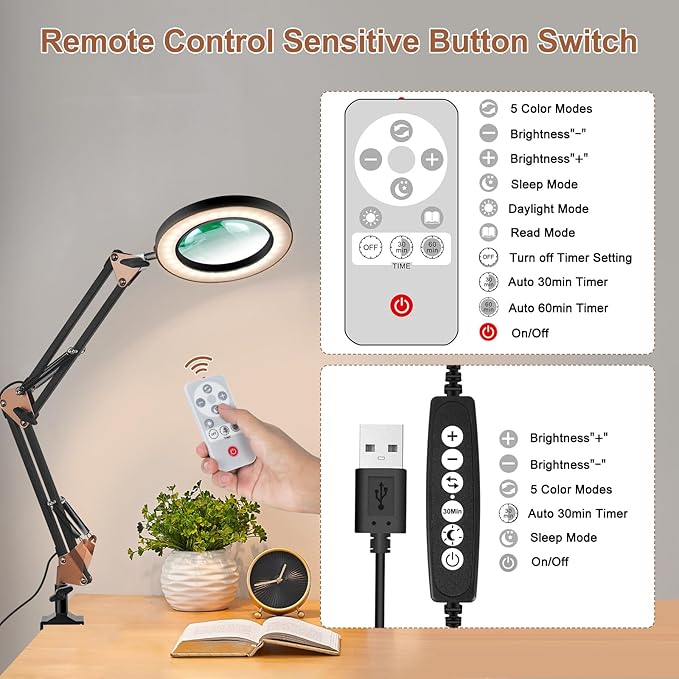 Magnifying Glass with Light, 5 Color Modes Stepless Dimmable 2-in-1 Desktop Lamp and Clamp, LED Lighted Magnifier with Light and Stand, Hands Free for Craft Repair Hobby Painting Close Work - LeafyLoom