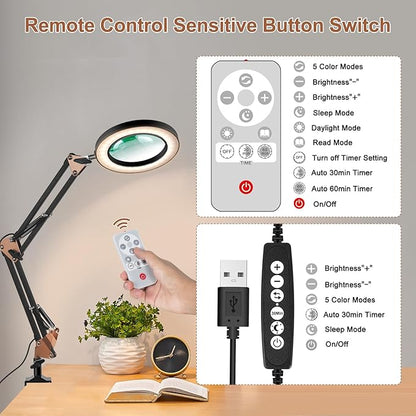 Magnifying Glass with Light, 5 Color Modes Stepless Dimmable 2-in-1 Desktop Lamp and Clamp, LED Lighted Magnifier with Light and Stand, Hands Free for Craft Repair Hobby Painting Close Work - LeafyLoom