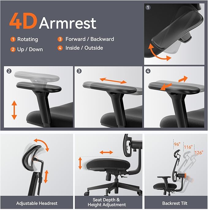 Newtral Ergonomic Home Office Chair, High Back Desk Chair with Unique Adaptive Lumbar Support, Adjustable Headrest, Seat Depth Adjustment, 96°-126° Tilt Function, 4D Armrest Recliner - LeafyLoom