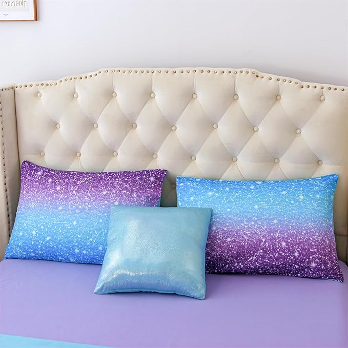 A Nice Night Girls Comforter Set Full Size 6 Piece Bed in A Bag 3D Colorful Sparkle Galaxy Rainbow Bedding Comforter Sheet Sets for Kids,BluePurple - LeafyLoom