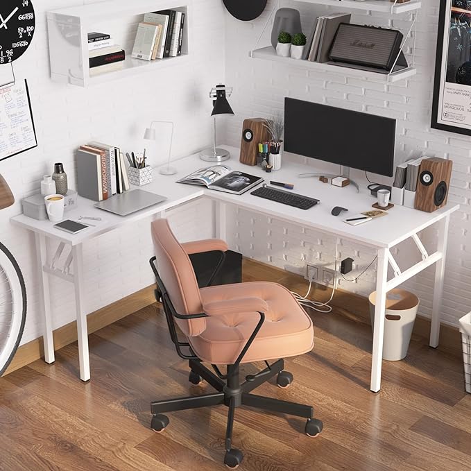 DlandHome L-Shaped Folding Computer Desk 55inches and 55inches Left and Right Adjustable Half-Installed Home Office Workstation Corner Table,White +White - LeafyLoom