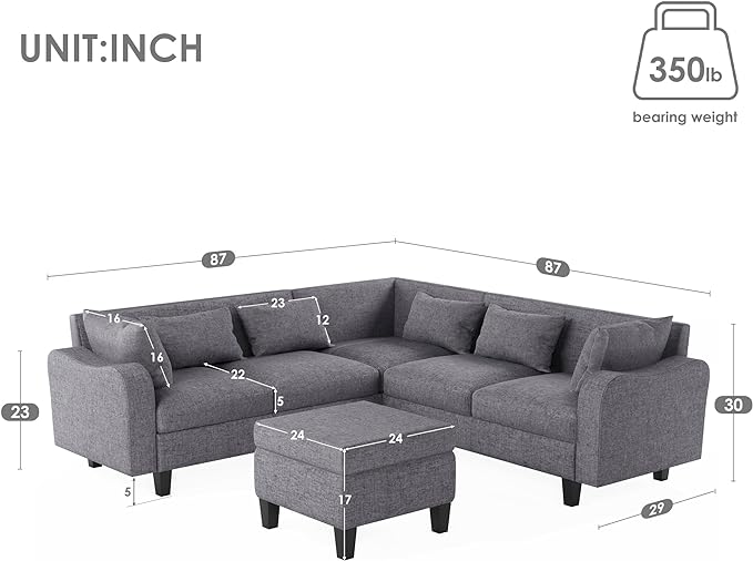 Modern Sectional Sofa with pillows, coffee table,6-Seat Couch Set w/Storage Ottoman,Various Combinations,L-Shape Indoor Furniture with Unique Armrests for Living Room,Apartment, Ushaped Gray - LeafyLoom