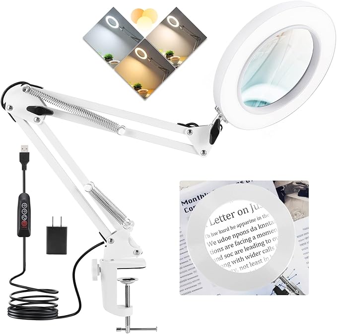 10X Magnifying Glass with Light, Krstlv Real Glass Lens Desk Lamp & Clamp, 3 Color Modes Stepless Dimmable, Hands Free LED Lighted Magnifier with Light and Stand for Reading Crafts Close Works - White - LeafyLoom