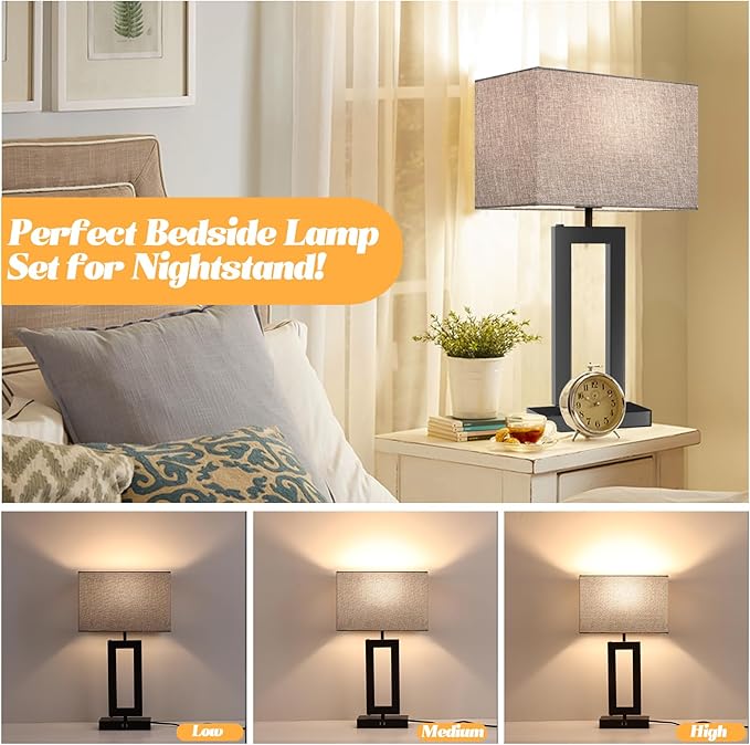 22" Large Lamps for Bedroom Set of 2 Touch Control Table Lamp for Living Room, 3-Way Dimmable Modern Lamps w/ 2 USB Ports, Bedside Nightstand Touch Lamps Gray &Black, End Table Desk Reading Lamp - LeafyLoom