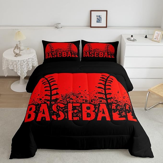 Baseball Comforter Set King Size Kids Red Black Sports Quilt Bedding Set For Boys Girls,Reversible Black Bedding Comforter Sets Soft Lightweight For All Season,1 Comforter And 2 Pillow Cases - LeafyLoom