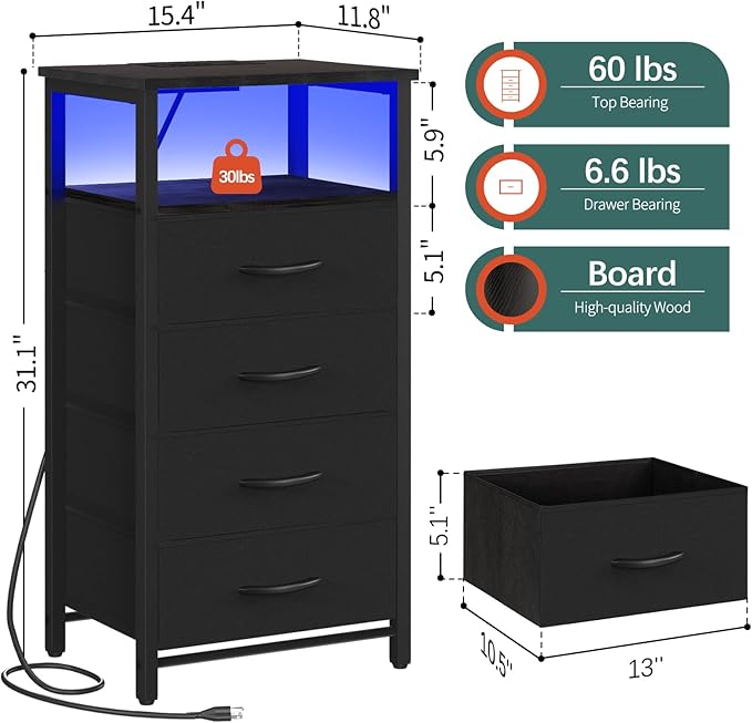 Yoobure Night Stand - LED Black Nightstand with Charging Station, Bedside Table with 4 Storage Drawers and Storage Shelf, End Table with USB Ports and Outlets, Fabric Tall Dresser for Bedroom - LeafyLoom