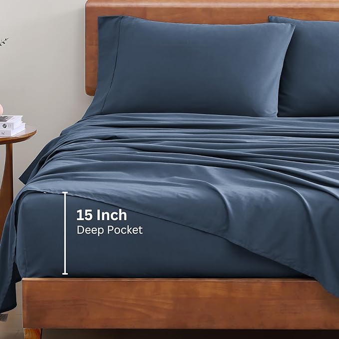 LANE LINEN 100% Organic Cotton Twin XL Sheets Set 3-Piece Pure Percale Extra Long Soft Bedding Breathable Fits Mattress Upto 15" Deep - Navy - LeafyLoom