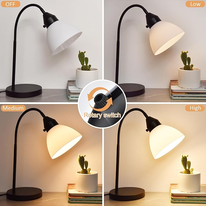 LED Desk Lamp for Home Office, 3 Levels Dimmable Reading Light Flexible Gooseneck Table Lamp for Bedside Office, Rotary Switch Control, Bulb Included - LeafyLoom