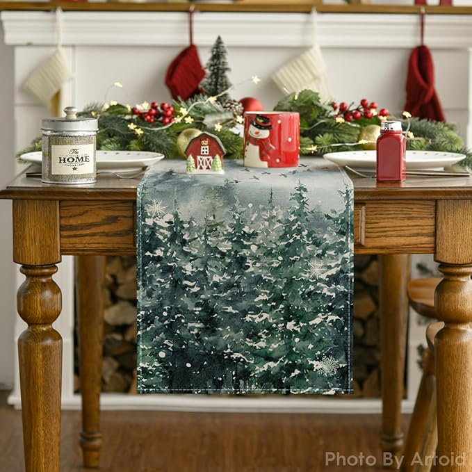 Artoid Mode Green Tree Snow Christmas Table Runner, Seasonal Winter Kitchen Dining Holiday Table Decoration for Home Party Decor 13x90 Inch ArtoidMode