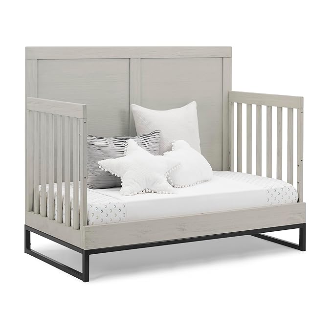 Simmons Kids Foundry 6-in-1 Convertible Baby Crib, Rustic Mist with Matte Black - LeafyLoom