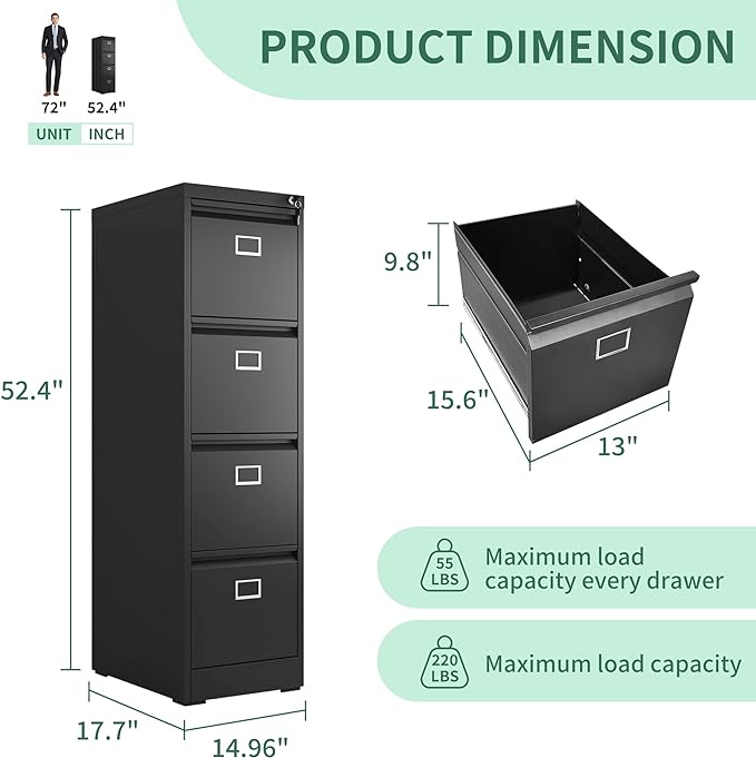 4 Drawer File Cabinet, Metal Vertical File Cabinets with Lock for Home Office, Heavy Duty Office Steel Filing Cabinet for Hanging Files for A4/ Legal/Letter,Assembly Required (Black) - LeafyLoom