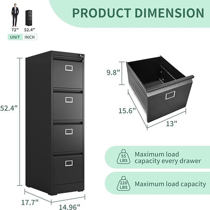 4 Drawer File Cabinet, Metal Vertical File Cabinets with Lock for Home Office, Heavy Duty Office Steel Filing Cabinet for Hanging Files for A4/ Legal/Letter,Assembly Required (Black) - LeafyLoom