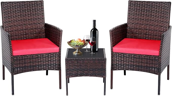 Patio Furniture Set 3 Pieces All-Weather Rattan Outdoor Furniture Patio Chairs with Tempered Glass Table for Porch Bistro Balcony Bistro Set(Brown/Red) - LeafyLoom