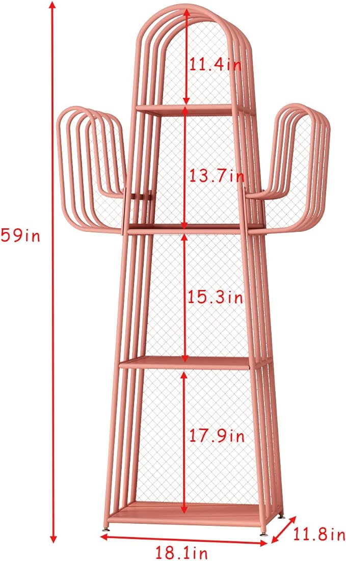 DOORXIF 4-Tier Ladder Pink Bookshelves Freestanding, Cactus Bookcase Storage Organizer Closet Corner Metal Display Cabinet, Corner Pink Bookshelf for Small Spaces, Pink Bookcase for Bedroom Office - LeafyLoom