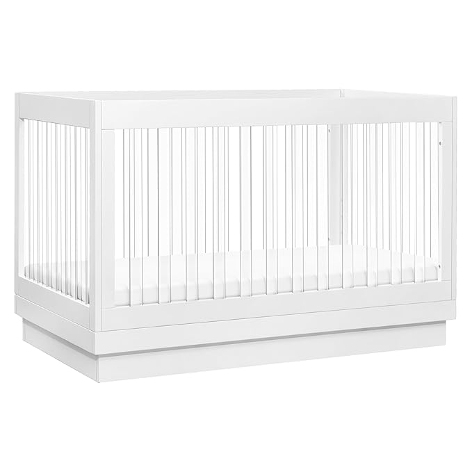 Babyletto Harlow Acrylic 3-in-1 Convertible Crib with Toddler Bed Conversion Kit in White with Acrylic Slats, Greenguard Gold Certified - LeafyLoom