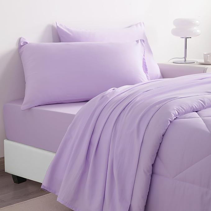 NTBAY Twin Comforter Set with Sheets, 5 Pieces Soft and Breathable Twin Bedding Set, Twin Bed in a Bag, Down Alternative Comforter Set Solid Color All Season, Kids Bedding Set, Light Purple - LeafyLoom