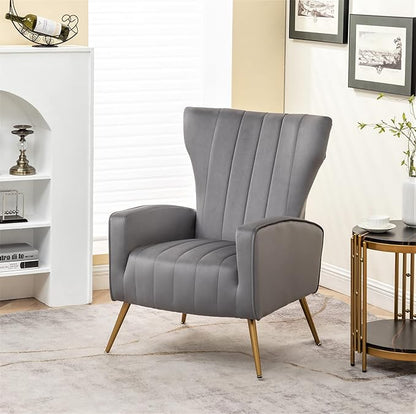 Armchair Modern Velvet Accent Chair, Channel Tufted Bedroom, Office or Living Room Furniture with Elegant Metal Legs, Grey - LeafyLoom